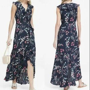 NEW Banana Republic Floral Ruffle Navy Maxi Dress Size 4